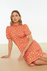 TRENDYOLMİLLA Brick Rejection flower patterned A Cut with flywheel Lined Midi Weaving Dress - Image 7