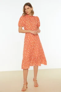 TRENDYOLMİLLA Brick Rejection flower patterned A Cut with flywheel Lined Midi Weaving Dress - Image 8