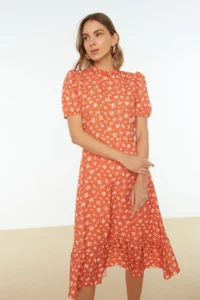 TRENDYOLMİLLA Brick Rejection flower patterned A Cut with flywheel Lined Midi Weaving Dress - Image 9