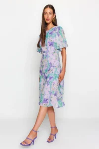 TRENDYOLMİLLA Multicolored flower patterned A Cut Lined Midi Weaving Dress - Image 2
