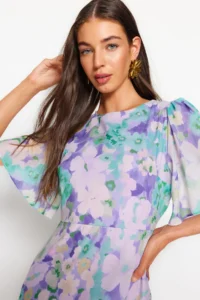 TRENDYOLMİLLA Multicolored flower patterned A Cut Lined Midi Weaving Dress - Image 3