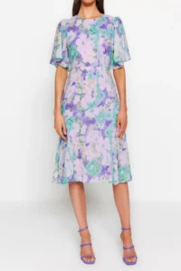 TRENDYOLMİLLA Multicolored flower patterned A Cut Lined Midi Weaving Dress - Image 4
