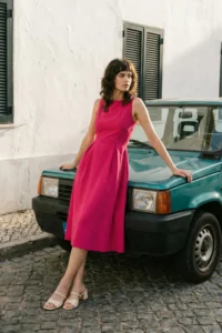 TRENDYOLMİLLA Fuchsia Pleated Lined Midi Weaving Dress