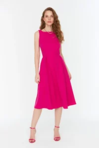 TRENDYOLMİLLA Fuchsia Pleated Lined Midi Weaving Dress - Image 2