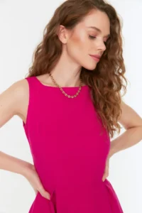 TRENDYOLMİLLA Fuchsia Pleated Lined Midi Weaving Dress - Image 3