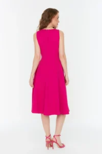 TRENDYOLMİLLA Fuchsia Pleated Lined Midi Weaving Dress - Image 6
