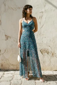 TRENDYOLMİLLA Multicolored A Cut Lined Waist Detailed flower patterned Maxi Weaving Dress
