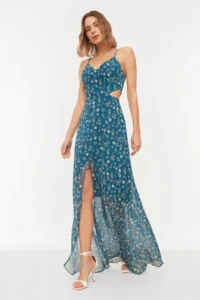 TRENDYOLMİLLA Multicolored A Cut Lined Waist Detailed flower patterned Maxi Weaving Dress - Image 2