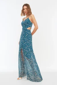 TRENDYOLMİLLA Multicolored A Cut Lined Waist Detailed flower patterned Maxi Weaving Dress - Image 3
