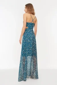 TRENDYOLMİLLA Multicolored A Cut Lined Waist Detailed flower patterned Maxi Weaving Dress - Image 6