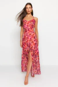 TRENDYOLMİLLA Fuchsia A Cut Lined Waist Detailed flower patterned Maxi Weaving Dress - Image 2
