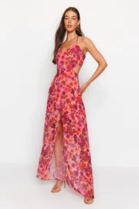 TRENDYOLMİLLA Fuchsia A Cut Lined Waist Detailed flower patterned Maxi Weaving Dress - Image 3