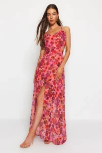 TRENDYOLMİLLA Fuchsia A Cut Lined Waist Detailed flower patterned Maxi Weaving Dress - Image 4
