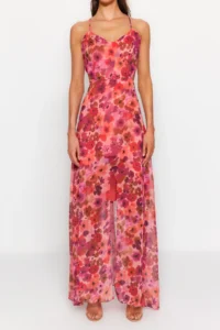 TRENDYOLMİLLA Fuchsia A Cut Lined Waist Detailed flower patterned Maxi Weaving Dress - Image 5