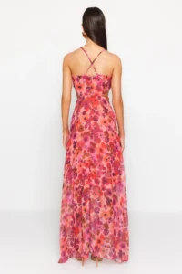 TRENDYOLMİLLA Fuchsia A Cut Lined Waist Detailed flower patterned Maxi Weaving Dress - Image 7