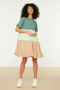 TRENDYOLMİLLA Green 100% Cotton Color Bloklu shift/Plain Mini Knitting Dress - Image 2