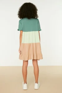 TRENDYOLMİLLA Green 100% Cotton Color Bloklu shift/Plain Mini Knitting Dress - Image 5