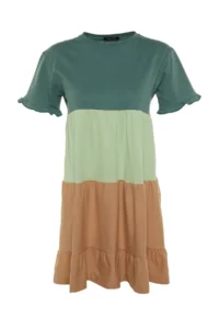 TRENDYOLMİLLA Green 100% Cotton Color Bloklu shift/Plain Mini Knitting Dress - Image 6