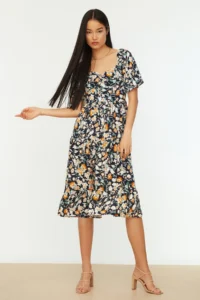 TRENDYOLMİLLA Navy Blue A Cut Balloon Kollu flower patterned Midi Weaving Dress - Image 10