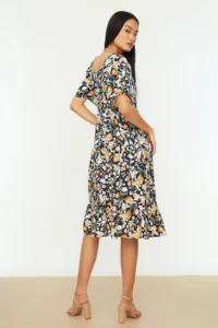 TRENDYOLMİLLA Navy Blue A Cut Balloon Kollu flower patterned Midi Weaving Dress - Image 11