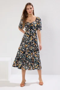 TRENDYOLMİLLA Navy Blue A Cut Balloon Kollu flower patterned Midi Weaving Dress - Image 2