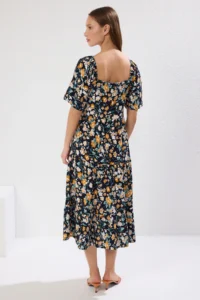 TRENDYOLMİLLA Navy Blue A Cut Balloon Kollu flower patterned Midi Weaving Dress - Image 4