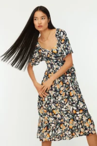 TRENDYOLMİLLA Navy Blue A Cut Balloon Kollu flower patterned Midi Weaving Dress - Image 5