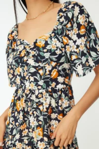 TRENDYOLMİLLA Navy Blue A Cut Balloon Kollu flower patterned Midi Weaving Dress - Image 6