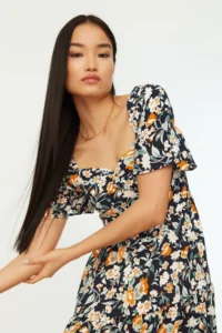 TRENDYOLMİLLA Navy Blue A Cut Balloon Kollu flower patterned Midi Weaving Dress - Image 7