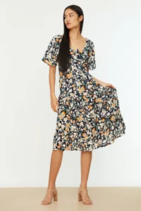 TRENDYOLMİLLA Navy Blue A Cut Balloon Kollu flower patterned Midi Weaving Dress - Image 8