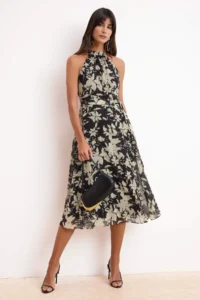 TRENDYOLMİLLA Black Belted Floral Siphon Flight Flight Weaving Midi Dress