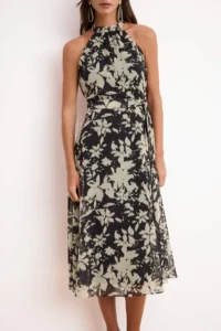 TRENDYOLMİLLA Black Belted Floral Siphon Flight Flight Weaving Midi Dress - Image 3