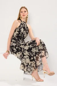 TRENDYOLMİLLA Black Belted Floral Siphon Flight Flight Weaving Midi Dress - Image 6