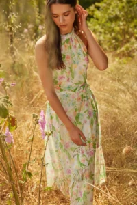 TRENDYOLMİLLA White flower patterned Belted A Cut Barbell Collar Lined Siphon Flight Flight Midi Dress - Image 2