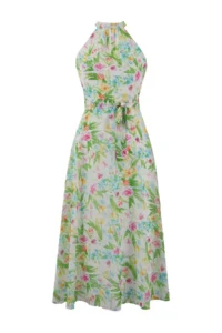 TRENDYOLMİLLA White flower patterned Belted A Cut Barbell Collar Lined Siphon Flight Flight Midi Dress - Image 9