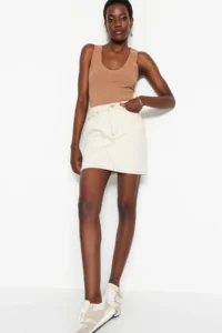 TRENDYOLMiLLA Ecru Basic Plain High Waist denim Skirt - Image 5