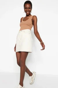 TRENDYOLMiLLA Ecru Basic Plain High Waist denim Skirt - Image 6