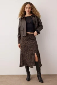 TRENDYOLMiLLA More Sustainable Brown Slit Detailed Leopard Patterned Midi Weaving Skirt