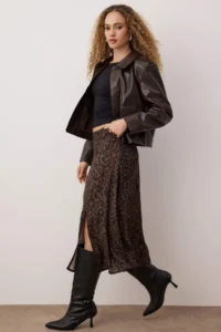 TRENDYOLMiLLA More Sustainable Brown Slit Detailed Leopard Patterned Midi Weaving Skirt - Image 2