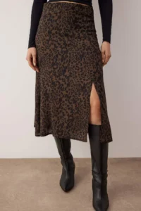 TRENDYOLMiLLA More Sustainable Brown Slit Detailed Leopard Patterned Midi Weaving Skirt - Image 3