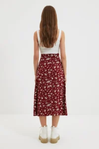 TRENDYOLMiLLA Burgundy Slit Detailed Flower Patterned Viscose Fabric Midi Weaving Skirt - Image 12