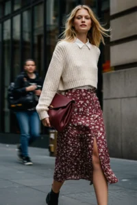 TRENDYOLMiLLA Burgundy Slit Detailed Flower Patterned Viscose Fabric Midi Weaving Skirt - Image 2