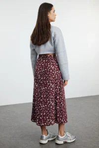 TRENDYOLMiLLA Burgundy Slit Detailed Flower Patterned Viscose Fabric Midi Weaving Skirt - Image 7