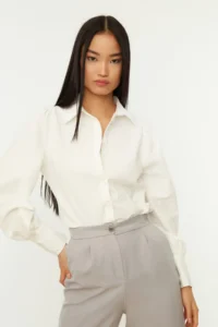 TRENDYOLMİLLA White Balloon Sleeve Cotton Regular Normal Pattern Weaving Shirt