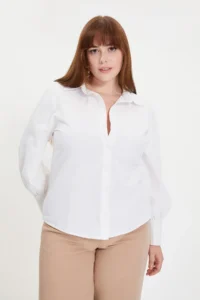 TRENDYOLMİLLA White Balloon Sleeve Cotton Regular Normal Pattern Weaving Shirt - Image 12