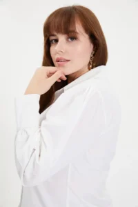 TRENDYOLMİLLA White Balloon Sleeve Cotton Regular Normal Pattern Weaving Shirt - Image 13