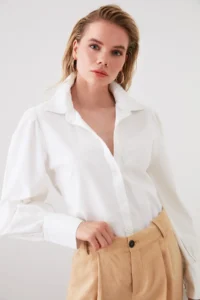 TRENDYOLMİLLA White Balloon Sleeve Cotton Regular Normal Pattern Weaving Shirt - Image 17