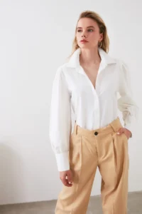 TRENDYOLMİLLA White Balloon Sleeve Cotton Regular Normal Pattern Weaving Shirt - Image 18