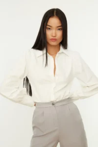 TRENDYOLMİLLA White Balloon Sleeve Cotton Regular Normal Pattern Weaving Shirt - Image 2