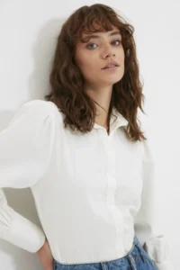TRENDYOLMİLLA White Balloon Sleeve Cotton Regular Normal Pattern Weaving Shirt - Image 6